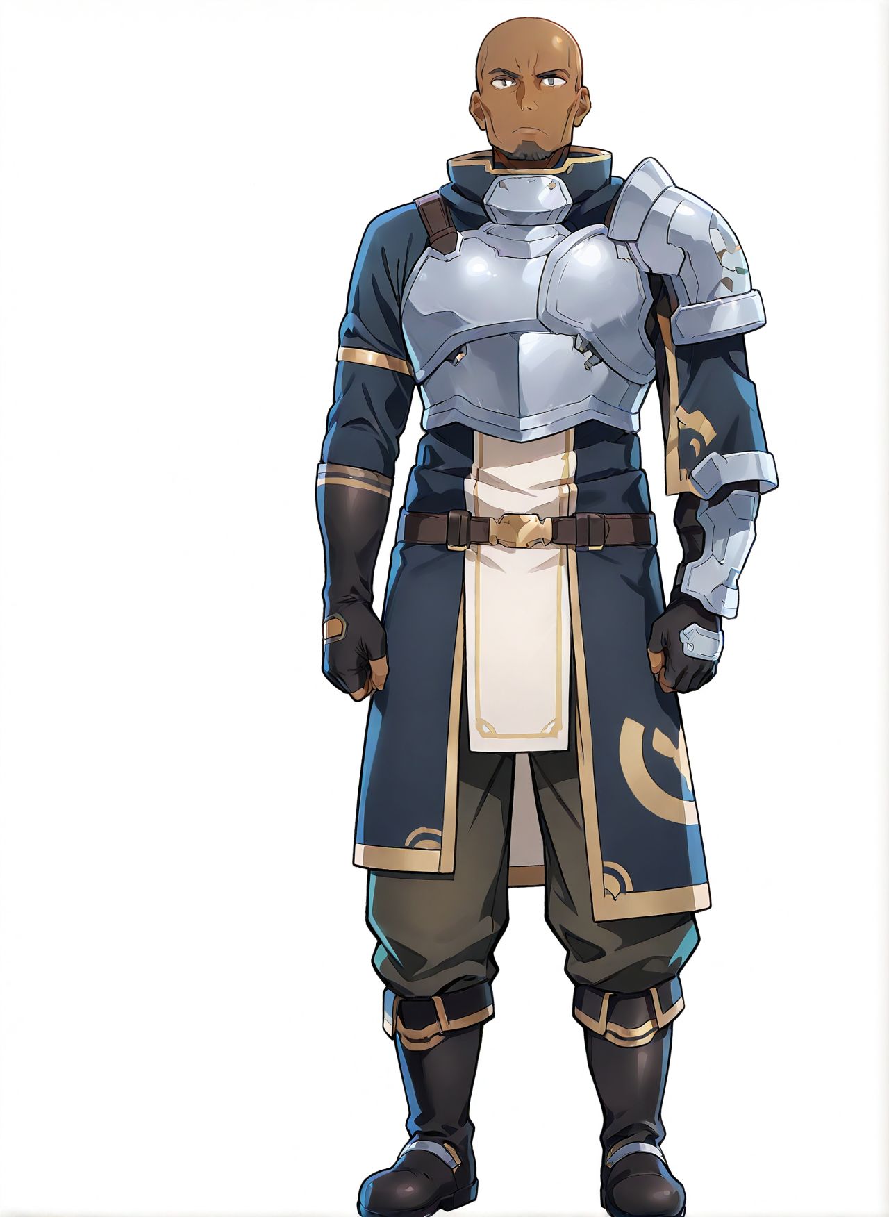 masterpiece,best quality,anime coloring,anime screenshot,
<lora:add-detail-xl:0.5>
<lora:Yuuki_Kyouka:1>Yuuki_KyoukaV1,  
1boy,male focus,armor,
dark-skinned male,dark skin,
bald,agil,boots, black gloves,  (full body:1.2), 
white background, simple background, 
 40YO,