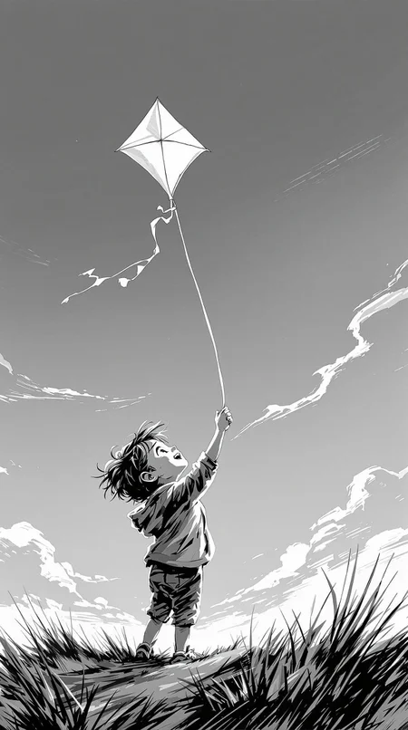 a black and white sketch of a child flying a kite on a windy day, with the kite string taut and the child’s face lit with joy
