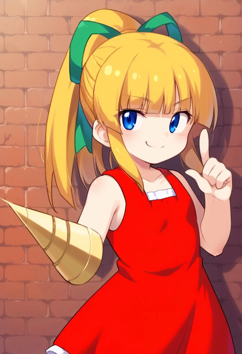score_8, score_8_up, score_7_up, 1girl, female focus, solo, do_ri_ru, drill, drill hand,Roll (Mega man), long hair, bangs, blue eyes, blonde hair, dress, ribbon, hair ribbon, ponytail, sidelocks, sleeveless, blunt bangs, flat chest, sleeveless dress, red dress, green ribbon, cowboy shot, pointing melee weapon, smug, looking at viewer, pointing at viewer, brick wall,