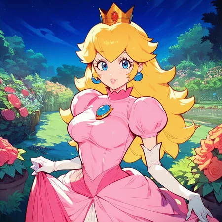 score_9, score_8_up, score_7_up, 1girl, solo, Princess Peach, blonde hair, long hair, blue eyes, dress, pink dress, breasts, anime screencap, anime coloring, smile, looking at viewer, outdoors, garden, night sky, very high quality, High definition, HD, standing