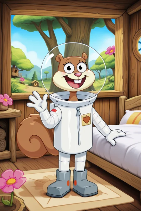 masterpiece, best quality, amazing quality, absurdres, sandycheeks, furry female, brown fur, squirrel tail, solo, smile, standing, looking at viewer, open mouth, waving, space helmet, pink flower, white spacesuit, grey boots, indoors, treehouse, wooden wall, window, carpet, bed, blue sky, day