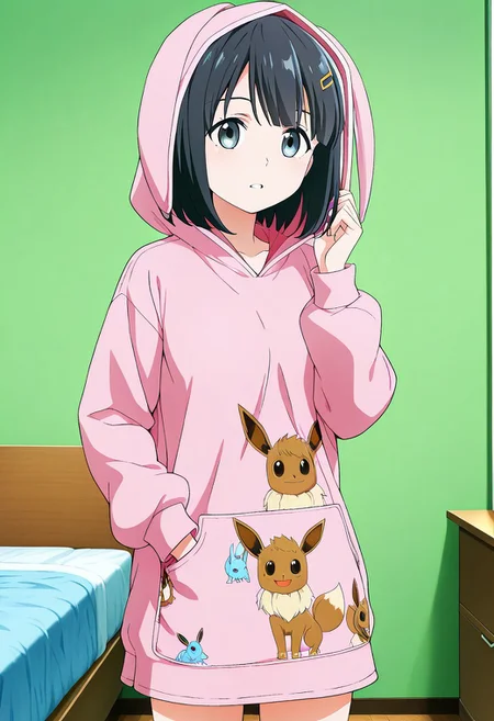 2d, anime_screencap, anime_coloring, flat colors, 1girl, solo, mmdgocIL, black hair, short hair, hairclip, grey eyes, pink hoodie, hood up, eevee print, hand in pocket, looking at viewer, busy print, indoors, bedroom, standing, cowboy shot, parted lips,