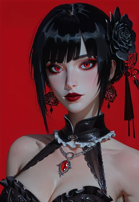 score_9, score_8_up, score_7_up, rating_safe, ulzzang, zhongguoduliu, 1girl, upper-body, parted lips, elegant, red background ,black roses hair flowers, detailed, realistic, bangs, short hair, vampire, black gloves, ilya kuvhsinov, sakimichan, 3d digital art, (multicolored gothic dress), smooth hair,
<lora:Concept Art DarkSide Style LoRA_Pony XL v6:0.7>
<lora:Pony_DetailV2.0:0.8>
<lora:zhongguoduliu:0.7>