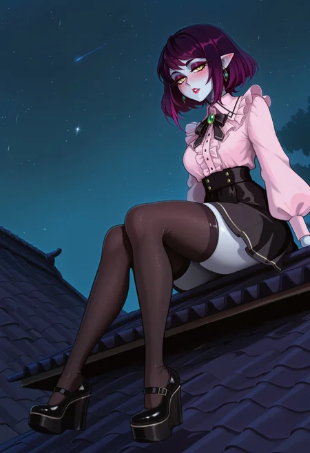 anrosmas, 1girl, zadrisdm, pointed ears, yellow eyes, grey skin, colored skin, short hair, dark purple hair, gradient hair, masterpiece, best quality, absurdres,
jiraikei, pink blouse, black skirt, frills, ruffles, bows, ribbons, thighhighs, earrings, gem brooch, jewelry, mary janes shoes, platform footwear, wedge heels,
lipstick, long eyelashes, eyeshadow, eyeliner, blush, makeup,
outdoors, night, night sky, stars, overcast, on roof, tile roof, dark,
[full body], [from below], sitting, sitting on roof, sitting on edge of roof, (parted lips), half-closed eyes, looking at viewer, solo,
intricate, highly detailed, majestic, shallow depth of field, movie still, circular polarizer, light particles, particles, shadows
