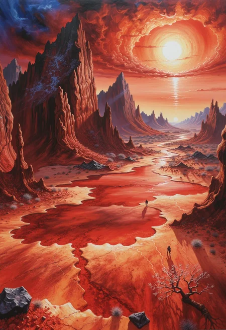 Epic fantasy acrylic painting showing a delirious illusion in a rocky desertscape with crimson crystalline dunes. With mysterious light strengthening the dangerous feeling; vivid, mystical, epic, masterpiece, intricately detailed <lora:dmd2_sdxl_4step_lora>
