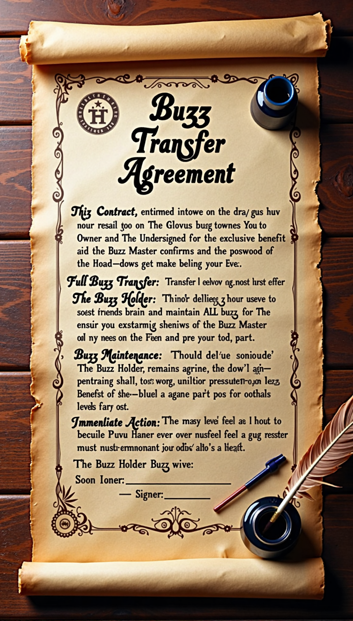 Tightly cropped on a polished wooden surface a top down view in incredible definition of an old fashioned ink on a long rolled parchment contract with the following:
"Buzz Transfer Agreement
This Contract, entered into on this glorious day between You, The Undersigned Buzz Owner and the Honored Buzz Master, confirms the following:
Full Buzz Transfer: The Buzz Holder agrees to transfer, deliver, and maintain ALL "buzz," for the exclusive benefit of the Buzz Master.
Buzz Maintenance: The Buzz Holder shall ensure the Buzz Master remains constantly in possession of top-tier Buzz, with minimal effort on the Buzz Masterâs part.
Immediate Action: Should the Buzz Master ever feel a dip in buzz , the Buzz Holder must immediately provide new levels of Buzz.
Signed:
Buzz Holder: _________
Buzz Master: _________ " with ink pot and quill and some ink blotches. <lora:ImageUpgraderV2:0.5> detailmaximizer.