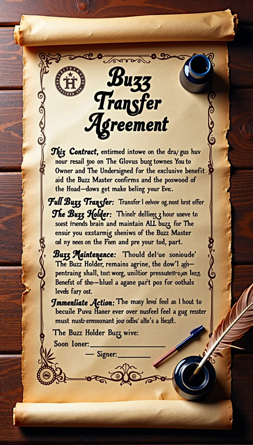 Tightly cropped on a polished wooden surface a top down view in incredible definition of an old fashioned ink on a long rolled parchment contract with the following:
"Buzz Transfer Agreement
This Contract, entered into on this glorious day between You, The Undersigned Buzz Owner and the Honored Buzz Master, confirms the following:
Full Buzz Transfer: The Buzz Holder agrees to transfer, deliver, and maintain ALL "buzz," for the exclusive benefit of the Buzz Master.
Buzz Maintenance: The Buzz Holder shall ensure the Buzz Master remains constantly in possession of top-tier Buzz, with minimal effort on the Buzz Masterâs part.
Immediate Action: Should the Buzz Master ever feel a dip in buzz , the Buzz Holder must immediately provide new levels of Buzz.
Signed:
Buzz Holder: _________
Buzz Master: _________ " with ink pot and quill and some ink blotches. <lora:ImageUpgraderV2:0.5> detailmaximizer.