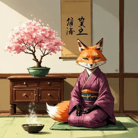 A serene scene features a refined fox dressed in a plum-colored Japanese kimono, seated gracefully on a green zabuton cushion in a traditional Japanese room. In front of the fox, on the tatami floor, rests a small bowl of steaming green tea, inviting a moment of quiet reflection. Behind the fox, on the surface of an intricately carved, low wooden cabinet, a delicate bonsai sakura tree blooms in gentle pink, nestled in a jade-colored pot. The room’s wall displays a hanging scroll adorned with elegant calligraphy, showcasing the kanji characters for 'moment' and 'eternity,' embodying the peaceful ambiance of the setting.