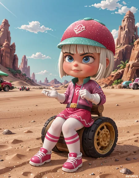 score_9, score_8_up, score_7_up, masterpiece, amazing_quality, HD, best_quality, amazing_quality, very_aesthetic, absurdres, <lora:extremely_detailed:2> extremely_detailed, 1girl, solo, full body, <lora:taffyta-muttonfudge-ponyxl-lora-nochekaiser:1> taffyta muttonfudge, blue eyes, gloves, hat, white hair, pink headwear,, Sitting, A scorching desert with sand dunes and mirages, Analogous, Negative Space, Assemblage, Cyberpunk, incandescent, front light, The explosion detonates with a brilliant burst of light, illuminating the darkened sky,