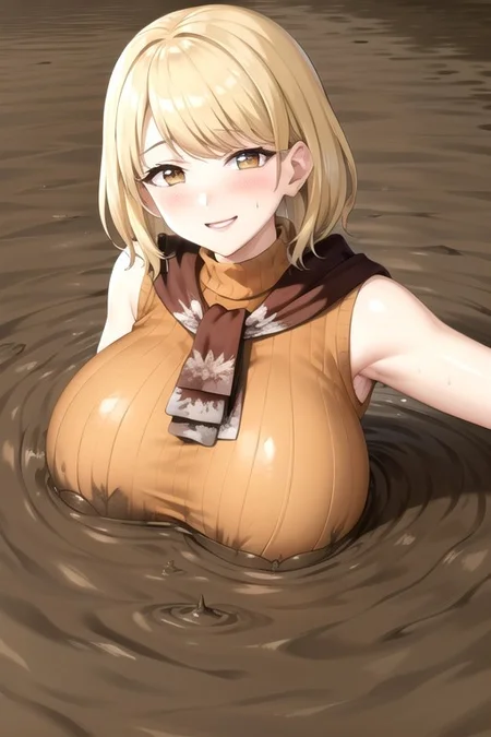 ashley graham, brown eyes, bangs, red scarf, (orange sweater:1.2), sleeveless turtleneck, (huge breast:1.5), partially submerged, in mud, flooding up to the chest, upper body, (village:1.5), (mud:1.5), (pov:1.5), (raised eyebrows:1.2), :o, blush, (sinking:1.1), (seductive smile:1.5), (covered nipples:1.1), arms behind head,
