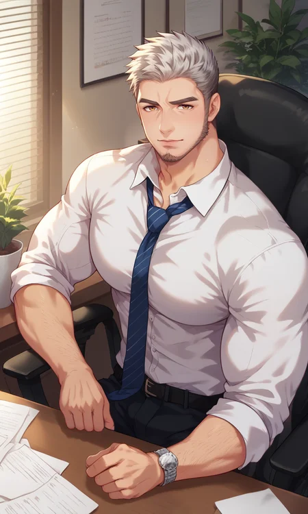 score_9, score_8_up, score_7_up, masterpiece, best quality, lots of details, close-up, dynamic view, ((1boy)), goro, mature male, male focus, closed mouth, muscular, shaded, sitting on a chair at the table, office chair, wooden wall, white shirt, detailed shading, detailed skin, shaded skin, realistic shading, looking at viewer, Expressiveh, countershading:1.1, office, indoors plant, indoors, <lora:add-detail-xl:0.7>, <lora:Smooth Anime 2 Style SDXL_LoRA_Pony Diffusion V6 XL:0.8>, <lora:Expressive_H:0.8>, <lora:Goro_XL_V10_OPT:0.9>