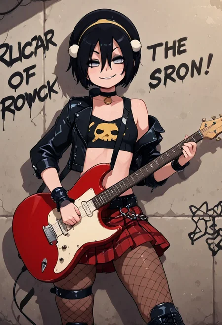 masterpiece, best quality, 1girl, solo, eyelashes, (beautiful eyes),
zzToph, grey eyes, blind, hair between eyes, short hair, black hair,
black leather jacket, ripped fishnet tights, plaid skirt, heavy eyeliner, punk boots, graffiti-covered alley, neon lights, microphone, electric guitar, rebellious smirk, confident stance a Under the flickering neon glow, Civchan grips the microphone, her voice cutting through the roar of the underground punk scene. A studded leather jacket hangs off her shoulders, her plaid skirt sways as she leans into the music, and her ripped fishnet tights reveal hints of skindentation. Behind her, a wall of graffiti adds to the chaotic energy, spray-painted slogans of rebellion blending into the electric atmosphere of the night. (cowboy shot, dynamic pose, foreshortening:1.1),
(playing guitar:1.3),