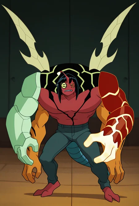 <lora:kev11-04:1> kevin11, solo, male focus, yellow eyes, black hair, red skin, horn, sharp teeth, lime wings, blue tail, 4arms, top hands left green arm, top hands right magma red arm with yellow cracks, bottom hands orange arms, 2 orange arms, big arms, masterpiece, best quality, amazing quality, very aesthetic, absurdres, newest,