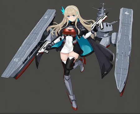 lexington (cv-16) (retrofit) (normal) (warship girls r),1girl,character:lexington (cv-16) (warship girls r),solo,full body,looking at viewer,floating hair,holding gun,standing on one leg,closed mouth,blue eyes,eyes visible through hair,v-shaped eyebrows,white hairband,blonde hair,very long hair,feather hair ornament,large breasts,chest guard,leg up,capelet,black gloves,black cape,armored boots,metal gloves,black thighhighs,two-tone dress,black dress,white dress,short dress,clothes writing,official alternate costume,shoulder patch,skindentation,belt,metal collar,zettai ryouiki,finger on trigger,anti-aircraft gun,name tag,flight deck,rigging,machinery,handgun,blue feathers,zipper,contrail,bomber,fighter jet,adapted turret,turret,a-3,ta-4j,t-2c,blue feather hair ornament,blue contrail,blue shoulder patch,red chest guard,white handgun,magazine (weapon),tactical light,<lora:lexington (cv-16) (retrofit) (warship girls r)v1.0-000006:1>,