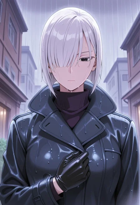 masterpiece,best quality,amazing quality, fiona frost, white hair, short hair, black eyes, 1girl, solo, gloves, hair over one eye, rain, wet, closed mouth, building, outdoors, upper body, coat