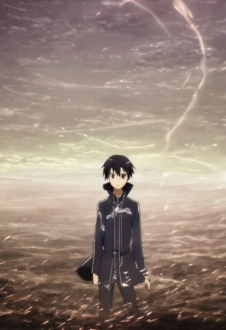 high resolution, solo, best quality, 1Boy, Kazuto Kirigaya, Black Hair, Black Eyes, existential longing, fantasy background, strong wind, OverallDetail