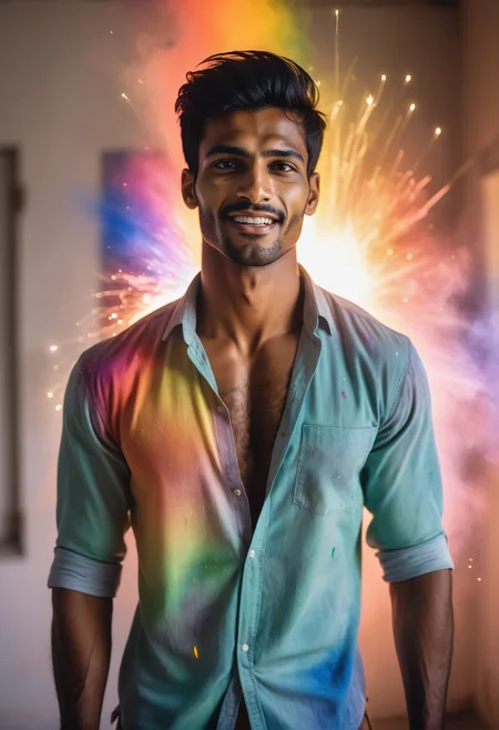 Candid photograph of a 23 year old very tall and (muscular:0.88) Indian (handsome:1.8) man wearing an unbuttoned shirt, His eyes are dark hazel, He has dark blonde short hair and a prominent wide nose and wide jaw, (very short beard:0.9), (body hair:1.7), (He is looking down at the viewer:0.75) with one of his eyebrows raised, (Highly detailed skin), He has faint oil smudges on his skin, (The photo is taken late afternoon) inside his prison cell, (A rainbow exploding with joy:1.28) <lora:a_rainbow_exploding_with_joy:1>, Brandon Woelfel Style <lora:Brandon Woelfel Style:1>