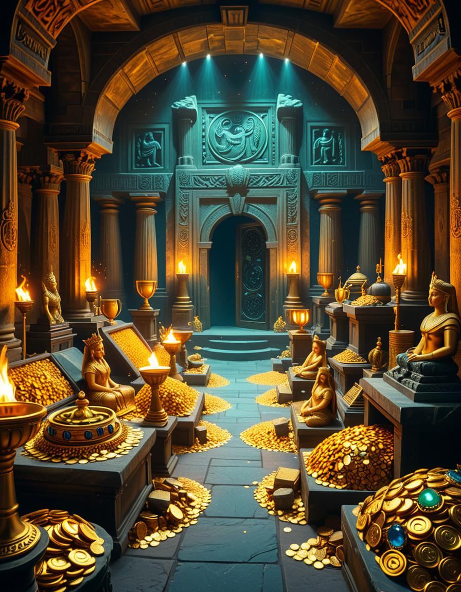 A hidden treasure chamber deep within an ancient temple, illuminated by the warm golden glow of torches and mystical blue light from enchanted crystals. The room is filled with piles of gold coins, jewel-encrusted goblets, and ancient artifacts covered in dust. Massive stone statues of forgotten deities guard the chamber, their eyes glowing faintly as if watching intruders. In the center, a grand pedestal holds a legendary artifactâan ornate golden crown encrusted with emeralds and sapphires, shimmering with an otherworldly aura. The walls are adorned with intricate carvings depicting lost civilizations, and creeping vines hint at centuries of abandonment. The atmosphere is mystical and slightly eerie, with a sense of both wonder and danger. The air is thick with the scent of aged parchment and burning incense, adding to the chamberâs ancient and mysterious feel. Cinematic lighting with dramatic shadows enhances the depth and richness of the scene, creating a visually stunning and immersive environment.
<lora:SDXLFaeTastic2400:0.4> <lora:extremely_detailed:0.4> extremely detailed, <lora:treasure_ch4mb3r:1>,treasure ch4mb3r, Masterpiece,best quality,hi res,8k,hi res,8k,award winning,(sharp focus, intricate, highly detailed),