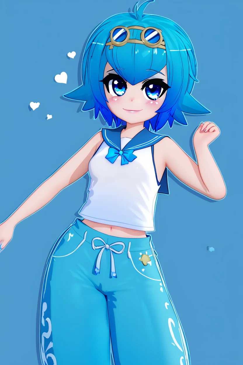 score_9, score_8_up, score_8, medium breasts, (curvy), cute, eyelashes, BREAK, , BREAK, <lora:LanaP3:0.8>, zzLana, blue eyes, blue hair, yellow hairpiece, white shirt, sleeveless shirt, sailor collar, blue pants, baggy pants,, <lora:MantisStyle_PDXL_v2:1.0>, , BREAK, smile, looking at viewer, cowboy shot, embedding:zPDXL, Expressiveh, <lora:SDXLFaeTastic2400:0.5>, <lora:Expressive_H-000001:0.4>,