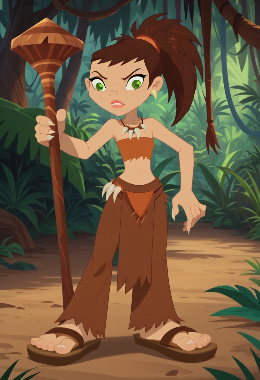 score_9, score_8_up, score_7_up, 1girl, solo,
savage outfit, tube-top, brown hair, green eyes, sharp ponytail, sandals, loincloth, claw necklace,
jungle background, perfect hands, show accurate, perfect anatomy, perfect feet, holding staff,