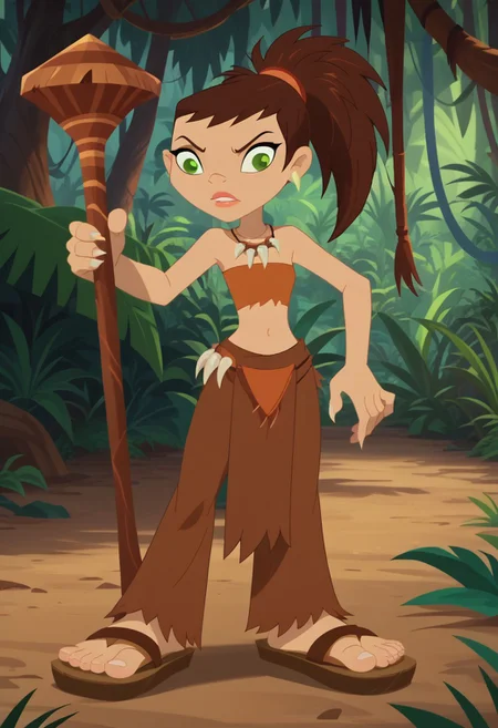 score_9, score_8_up, score_7_up, 1girl, solo,
savage outfit, tube-top, brown hair, green eyes, sharp ponytail, sandals, loincloth, claw necklace,
jungle background, perfect hands, show accurate, perfect anatomy, perfect feet, holding staff,