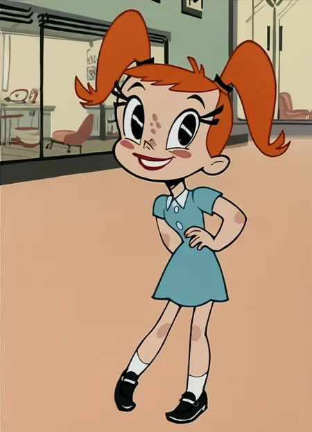 Jenny, 1girl, solo, socks, blue dress, blush stickers, black footwear, orange hair, smile, black eyes, looking at viewer, standing, twintails looking at viewer, looking at viewer, score_9, score_8_up, score_7_up, score_6_up, score_5_up, score_4_up, <lora:Jenny_XJ-9_Pony1.0:1>