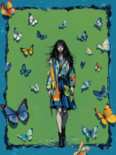 An illustrated image of a woman walking on an ancient cobblestone street, with holographic butterflies fluttering around her. background is matcha green <lora:Midjourney_Whisper_BrushPulse_v01:0.7>, border is indigo dye <lora:inkedgemono-simple_epoch-08:0.9> 1NK3D63SIM <lora:Midjourney_Whisper_Minimal:0.9>
| no deformed hands, no too many limbs, no too many fingers,