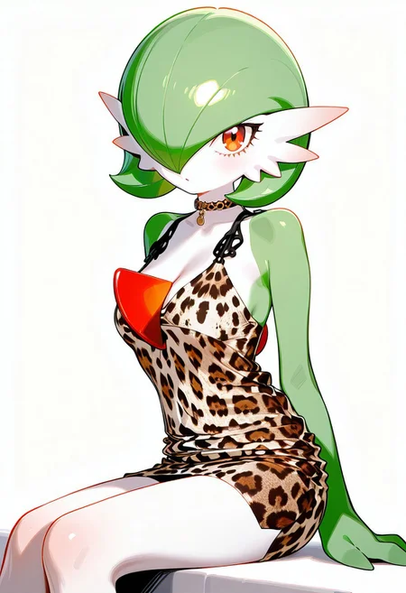 solo, gardevoir, leopard dress, goddess, blank background, sitting