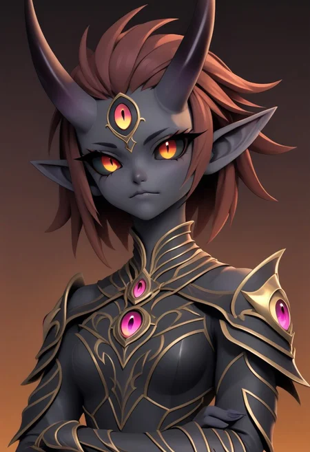 3DMM, ((te'kharoth, third eye), tail, horns), short hair, messy hair, black sclera), 1girl, amber eyes, armor, crossed arms, upper body, small breasts, ornate armor, fantasy, magical aura, simple background, gradient background