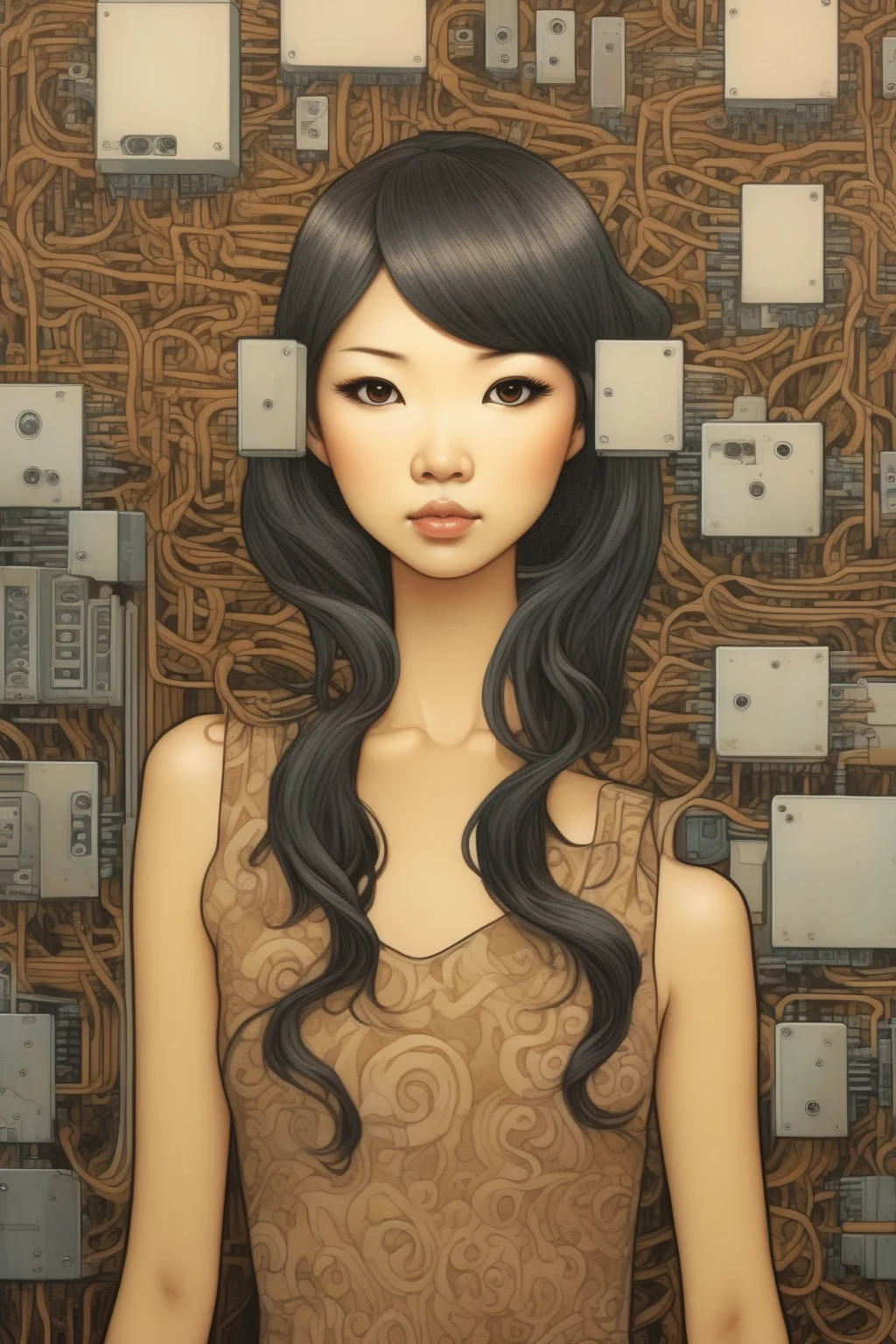 <lora:Audrey Kawasaki Style:1>Audrey Kawasaki Style - portrait of a young amused dazzingly gorgeous asian woman technology worker working in a group to install sofware