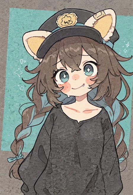 masterpiece, best quality, amazing quality, very aesthetic, absurdres, newest, scenery, volumetric lighting, sp0i0ppp, 1girl, bandaid, blue eyes, blue hair, blush stickers, braid, brown hair, fang, long hair, multicolored hair, small breasts, two-tone hair, Thrilled expression, Wide smile, sparkling eyes, raised eyebrows, (fake dog ears), long hair, black hair, black headwear, black headgear, scar, twilight glow, harsh lighting, prism lighting, flat lighting, paramount lighting, detailed background, aqua background, grey background, two-tone background, masterpiece, best quality, amazing quality, very aesthetic, absurdres, newest, scenery, volumetric lighting <lora:sdxl_lightning_8step_lora:1.0>