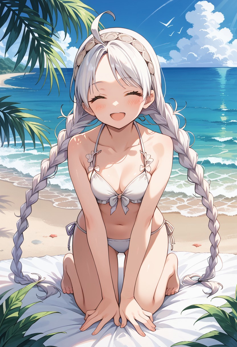 score_9, score_8_up, masterpiece, best quality, correct anatomy, detailed background, anime_source, 1girl, solo, alone, outdoors, beach, sea, barefoot, bare shoulders, exposed belly,
nina,white hair, long braids, twin braids, closed eyes, white headband, buttoned headband, white bikini, ahoge, exposed arms, bare arms,
on knees, happy smile, open mouth, blush, looking at viewer