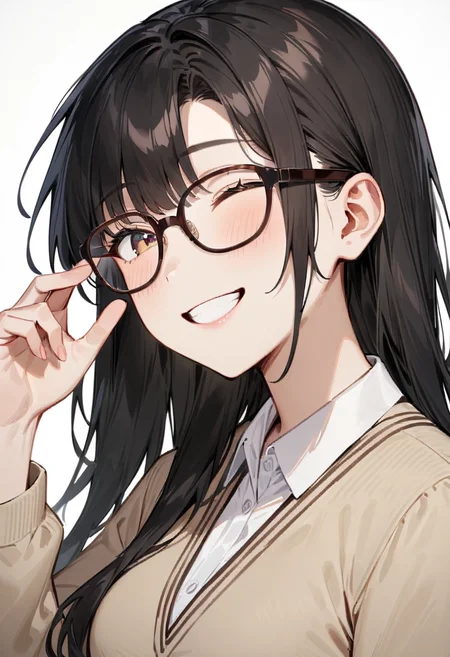 masterpiece, best quality, very aesthetic, absurdres,
1girl, solo, black hair, long hair,
Wellington22A, glasses, brown-framed eyewear,
collared shirt, happy, smile, looking at another, adjusting eyewear, white background, simple background,
<lora:glasses_Wellington_cellframe1_SDXL_V1:0.8>