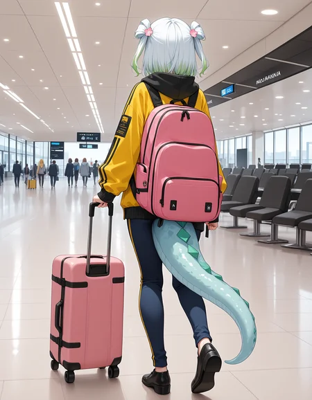 <lora:midis_Airport_V0.51[IL]:1>, airport, floor, walking with luggage, facing away, from behind,chair, <lora:midis_Midori_V1[IL]:1> , Midori, tail, BREAK,  pink luggage, pants, yellow and black trim jacket, white hair,, masterpiece,best quality, very aesthetic,absurdres,newest,