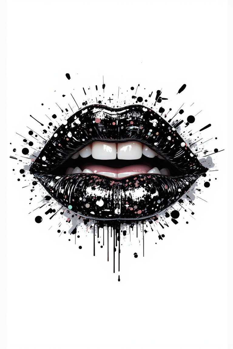 aidmafluxpro1.1.
Silhouette of lips, mouth slightly open with visible teeth, minimalist style, black and white, glitch art in the style of a halftone print artwork