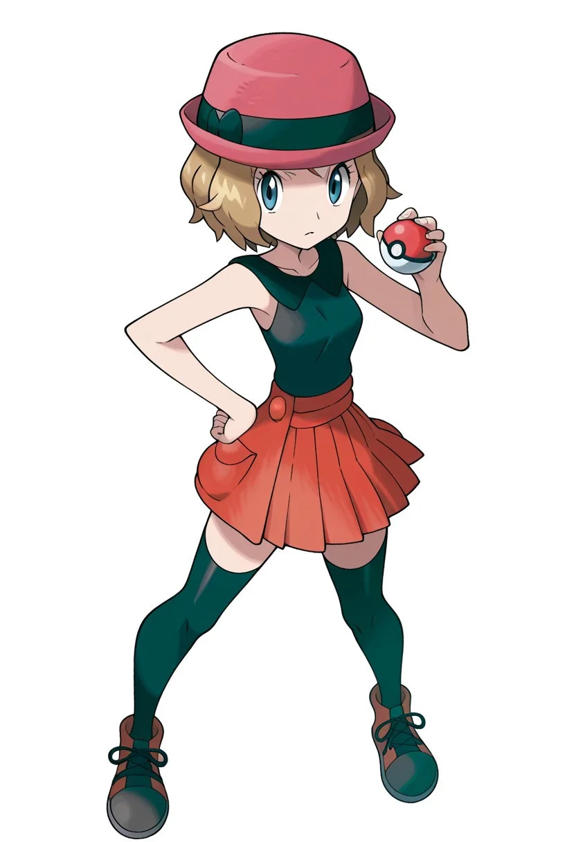 Masterpiece, high quality, flat colors, anime screenshot, anime screencap, 1girl, solo, skirt, thighhighs, hat, short hair, poke ball, holding, full body, black thighhighs, shirt, hand on hip, from above, Serena_(pokemon), dynamic pose