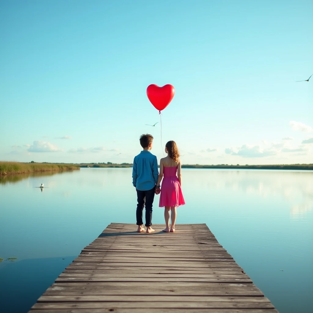 This photograph captures a serene moment on a wooden dock extending into a calm lake. The dock, made of weathered wood planks, is positioned centrally in the image and leads the viewer's gaze towards the horizon. Two figures stand at the end of the dock, facing the lake. The person on the left is a boy, dressed in a blue shirt and dark pants, with a dark-haired silhouette. The person on the right is a girl, wearing a pink dress, with light brown hair tied back. Both figures are barefoot, standing close together, and holding a single red balloon heart shape above their heads. The sky is clear and blue, with a few scattered clouds, and the lake's surface reflects the sky's color, creating a mirror-like effect. The horizon is lined with low, green vegetation, and a few small birds can be seen flying in the distance. The overall mood of the image is peaceful and contemplative, capturing a moment of simple joy and passion between the couple. The photograph uses natural light, probably taken in the late afternoon or early evening, with soft, warm tones that enhance the tranquil atmosphere.