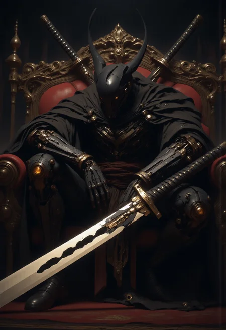 M200, mythp0rt, Head Closeup, dark-mood-mod, high quality cinematic shot of a sleek but intricate mechanical Samurai knight in deep black armor sitting on a couch, Holding a giant sss sword, volumetric lighting, (raytracing:1.3), (ambient occlusion), (cinematic lighting:1.3), (chromatic aberration), (4K image quality:1.3), (sharp detail:1.3), (highly realistic:1.3), (dim warm cinematic lighting:1.3)