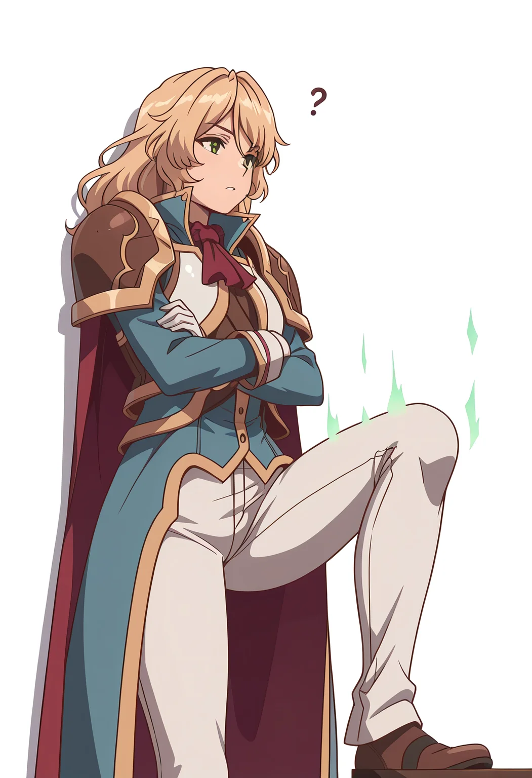 Smooth Quality,masterpiece,very intricate, high quality details, ultra realistic, high detailed skin,detailed enviorement,absurdres,
simple background, white background,
front view,confused,leaning against wall, one foot up, arms crossed, looking away, cool aura, ,
<lora:Blade_cnn:0.8>bladecnn,1girl, blonde hair, green eyes, long hair, armor, uniform, long sleeves, gloves, white pants, ascot,shoulder armor,cape, coat,