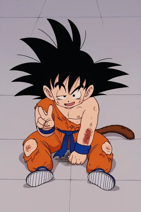 source_anime, score_9, score_8_up, score_7_up, anime screencap,8k, absurd res, son goku, solo, smile, open mouth, tile floor, black hair, 1boy, arena, sitting, tail, full body, male focus, boots, sweatdrop, black eyes, fingernails, torn clothes, v, spiked hair, wristband, injury, male child, dirty, bruise, dougi, monkey tail, scratches, dirty face, dirty clothes, white legwear, v-shaped eyebrows, shoes, shoe soles, eye half closed, orange topwear, messy hair, broken arm, hand on floor, orange pants, nipples, looking at viewer, collarbone, blue sash, blue wristband, black footwear, socks
 <lora:gokudb_pony_v3:0.8>