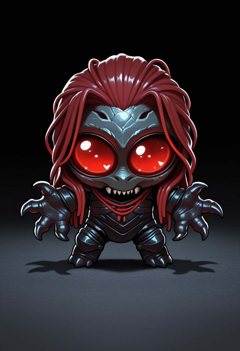 masterpiece, best quality, amazing quality, solo, GixMTG, phyrexian, monster, claws, red cord hair, armored skin, teeth, glowing eyes, colored sclera, mikus-concept, full body, big eyes, chibi