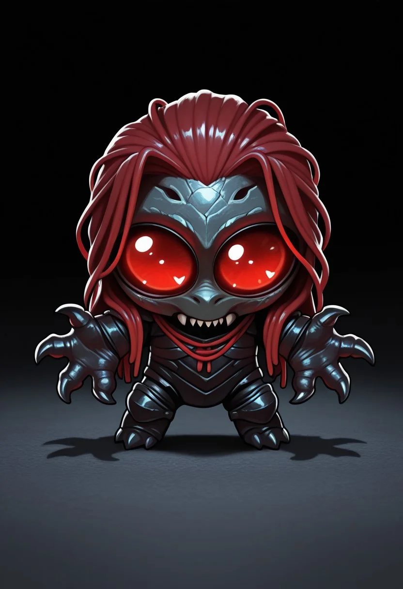 masterpiece, best quality, amazing quality, solo, GixMTG, phyrexian, monster, claws, red cord hair, armored skin, teeth, glowing eyes, colored sclera, mikus-concept, full body, big eyes, chibi