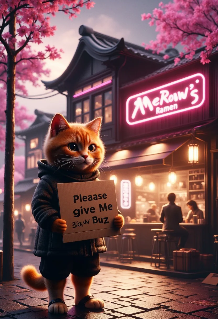Realistic image of a Japanese ramen restaurant named "Meow's Ramen", surrounded by cherry blossoms and traditional Japanese architecture, mad-neon-noir
in front of restaurant, an orange cat wearing beggar clothing, and flipflop,the orange cat holding a cardboard sign saying "please give me a buzz to eat!"))))