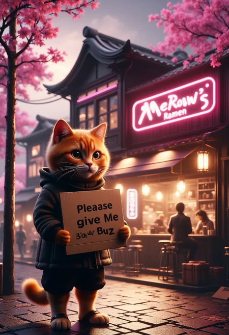 Realistic image of a Japanese ramen restaurant named "Meow's Ramen", surrounded by cherry blossoms and traditional Japanese architecture, mad-neon-noir
in front of restaurant, an orange cat wearing beggar clothing, and flipflop,the orange cat holding a cardboard sign saying "please give me a buzz to eat!"))))
