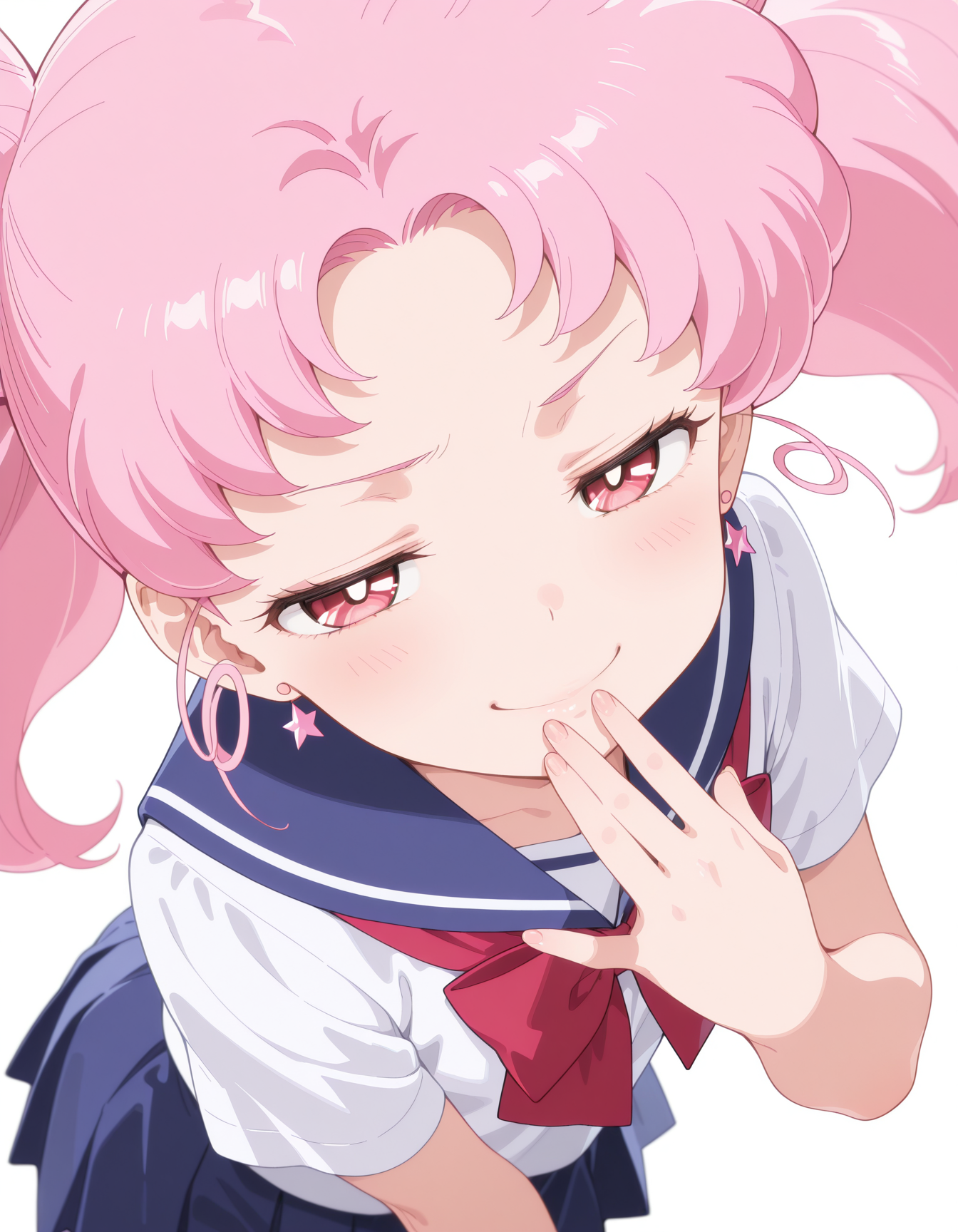 masterpiece,best quality,amazing quality,very aesthetic,high resolution,ultra detailed,perfect details,<lora:eternal_sailor_chibi_moon:1>,<lora:my-lora:1>,mai_style,
simple background,white background,
1girl,chibi usa,no hair bun,school uniform,solo,from above,
smug,dutch angle,looking at viewer,hand_to_mouth,