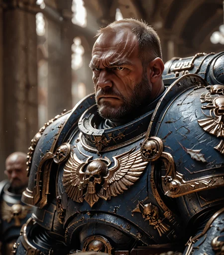 score_9, score_8_up, score_7_up, score_6_up, 1boy, male focus, solo, rugged features, zPDXL3, realistic, thick neck, heavily built, bara, power armor, mature, bald, clean shaven, scar, xlbodybuilder, UltraM40k, bara, <lora:Space_Marine_No_Helmet_Pony:0.85> <lora:ponybodybuilder:0.8> <lora:UltraM40k:0.6>