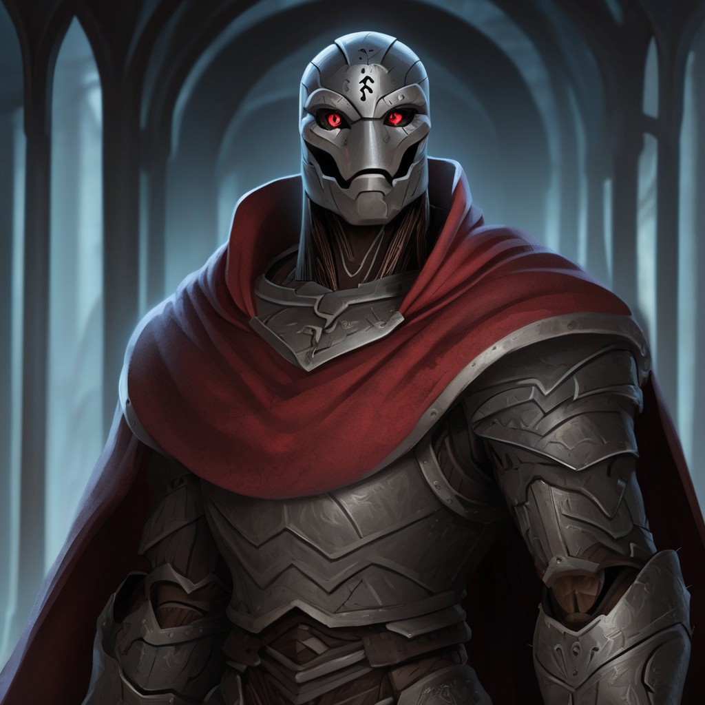 (((detailed, beautiful, high quality))), score_9, score_8_up, score_7_up, upper body, solo, 
warforged, robot monster, metal body, black sclera, rune on forehead, wooden hinges,
1 male, red eyes, black skin, red cape,
looking at the viewer, posing, 
fantasy background, blurred background,