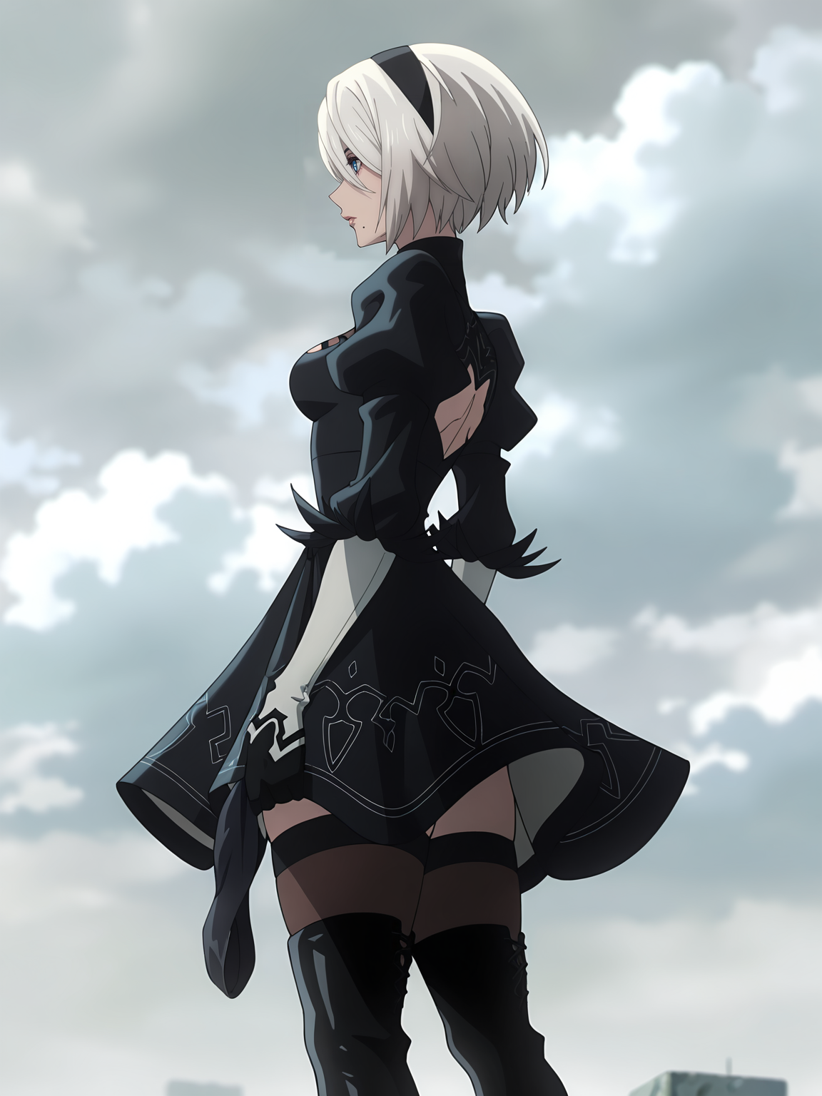 <lora:2B_v6:0.6>, 2b (nier:automata), 1girl, solo, white hair, short hair, blue eyes, mole under mouth, lips, thighhighs under boots, back cutout, juliet sleeves, cleavage cutout, black hairband, feather-trimmed sleeves, black blindfold, white sleeves, black gloves, black dress, side slit, high heel boots, outdoors, grey sky, standing, holding blindfold, cloud, closed mouth, from side, profile, from below, cloudy sky, cowboy shot, looking ahead