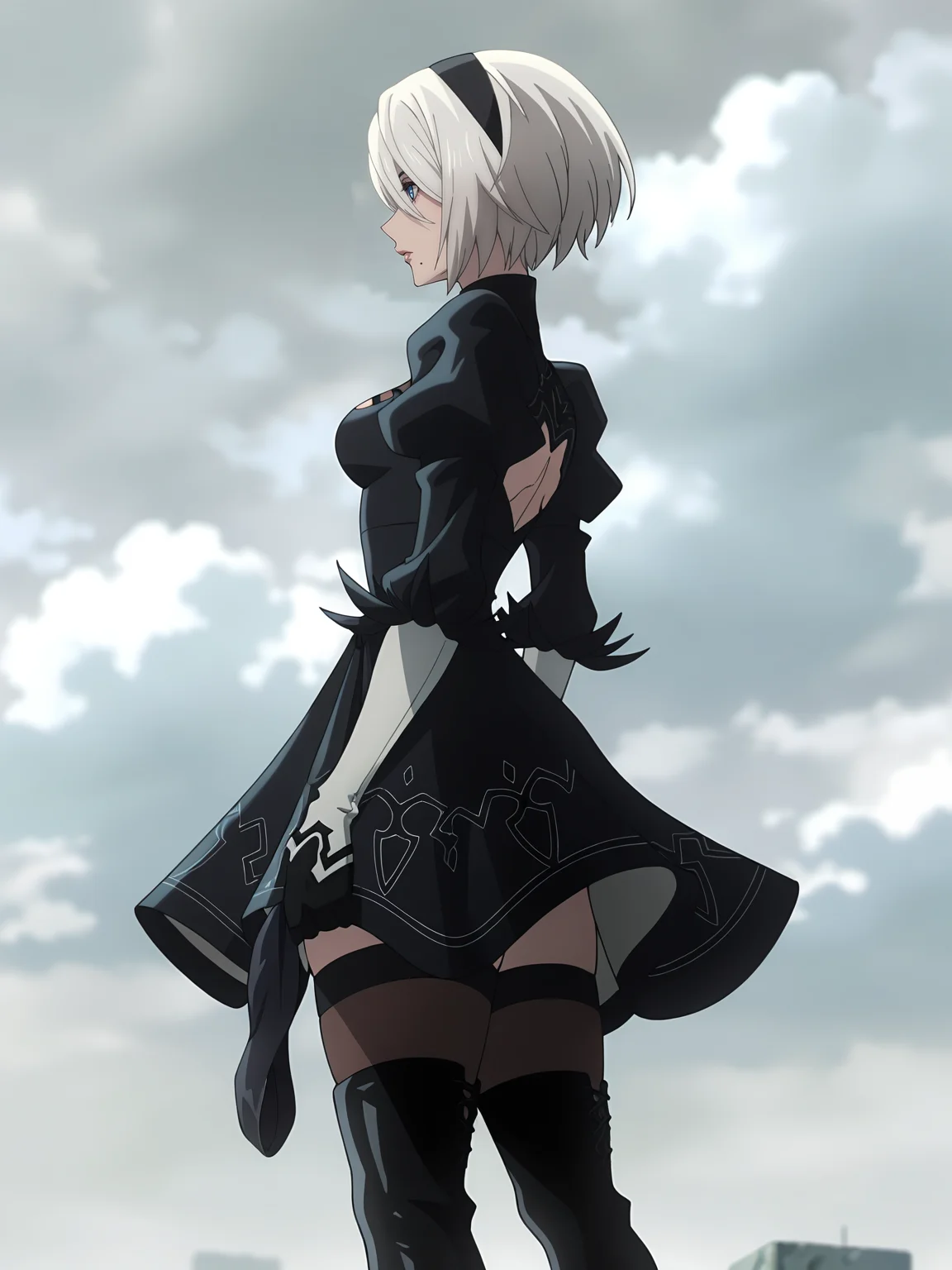 <lora:2B_v6:0.6>, 2b (nier:automata), 1girl, solo, white hair, short hair, blue eyes, mole under mouth, lips, thighhighs under boots, back cutout, juliet sleeves, cleavage cutout, black hairband, feather-trimmed sleeves, black blindfold, white sleeves, black gloves, black dress, side slit, high heel boots, outdoors, grey sky, standing, holding blindfold, cloud, closed mouth, from side, profile, from below, cloudy sky, cowboy shot, looking ahead