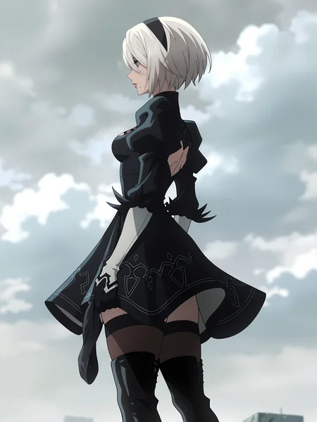 <lora:2B_v6:0.6>, 2b (nier:automata), 1girl, solo, white hair, short hair, blue eyes, mole under mouth, lips, thighhighs under boots, back cutout, juliet sleeves, cleavage cutout, black hairband, feather-trimmed sleeves, black blindfold, white sleeves, black gloves, black dress, side slit, high heel boots, outdoors, grey sky, standing, holding blindfold, cloud, closed mouth, from side, profile, from below, cloudy sky, cowboy shot, looking ahead